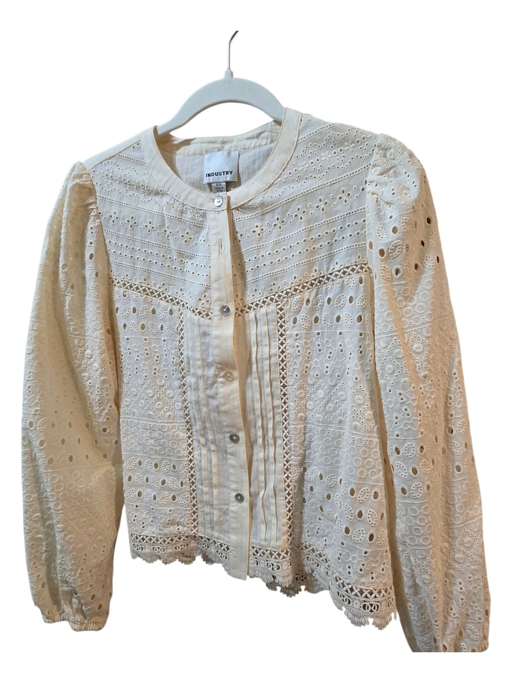 INDUSTRY Off-White Eyelet Button-Front Blouse with Embroidery Stitching